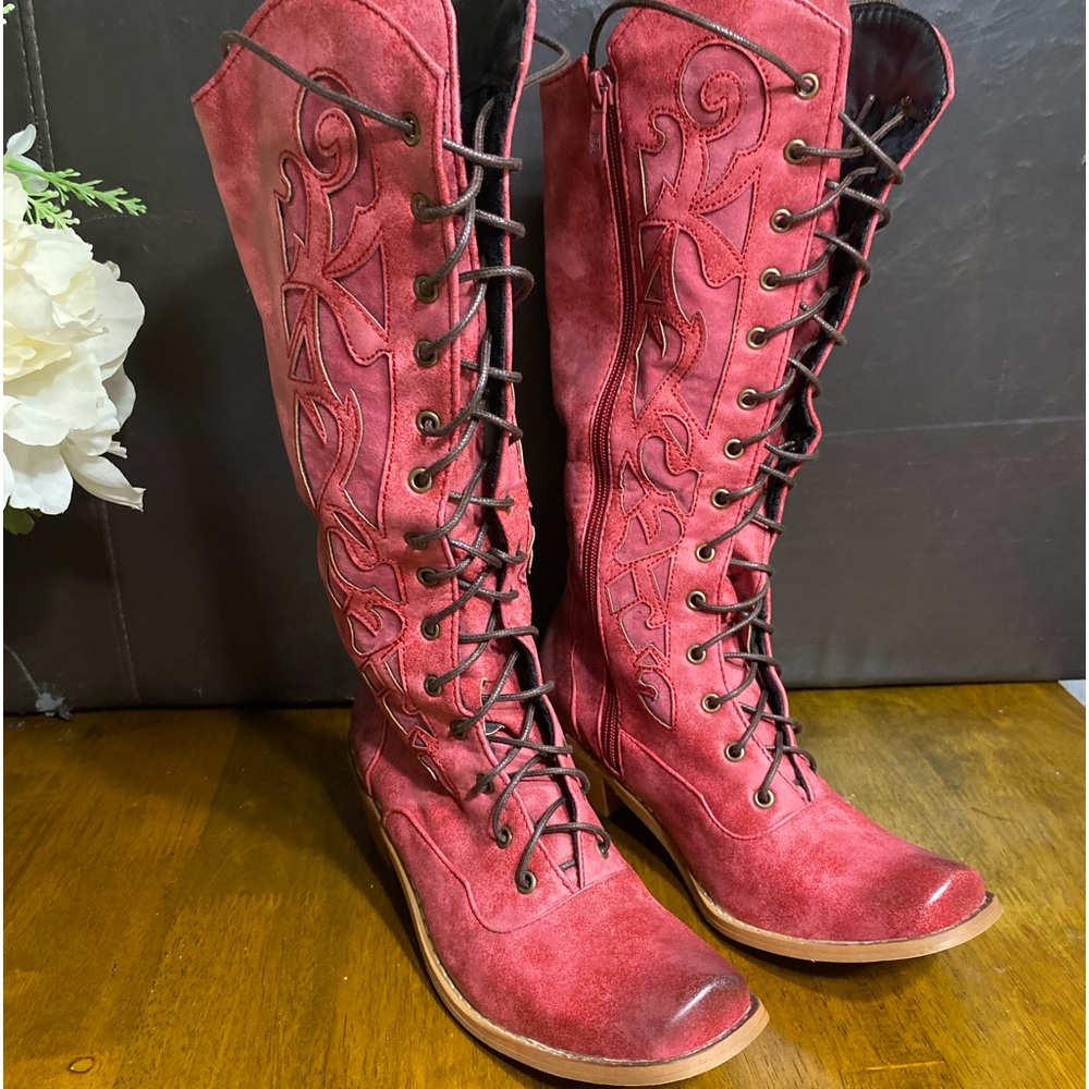 Womens Lace Up Western Retro Cowboy Boots Steam Punk Boots Red Size US 5, EU 35